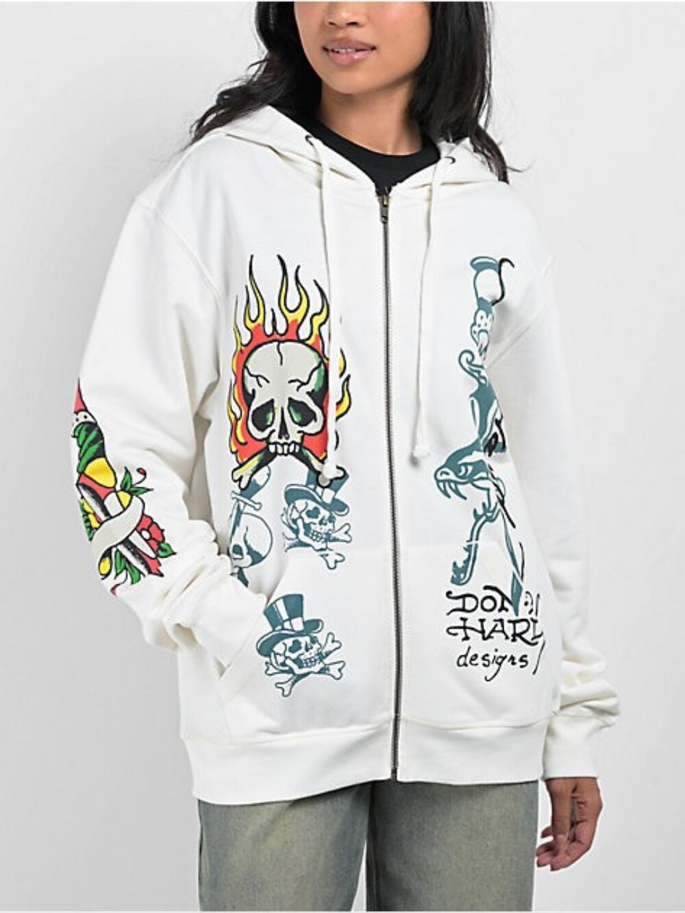 Ed Hardy by Christian Audigier Skull Zip Hoodie Large L White Tattoo Graphic Y2K
